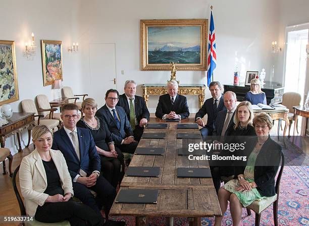 Sigurdur Ingi Johannsson, Iceland's incoming prime minister, fifth from left, and other government members attend a meeting chaired by Olafur Ragnar...