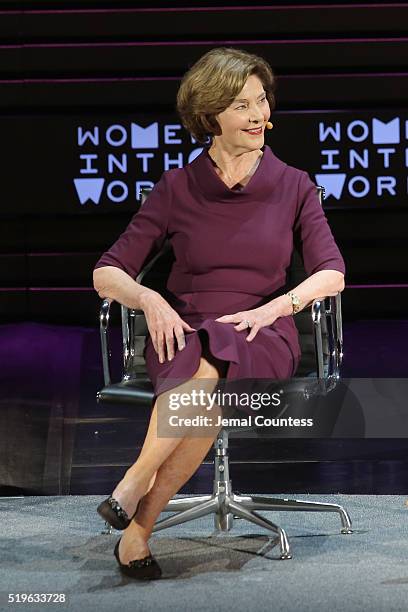 Former First Lady Laura Bush speaks onstage at Mother/Daughter Dynasty: Two Generations of the Bush Family during Tina Brown's 7th Annual Women In...