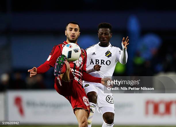 Brwa Nouri of Ostersund and Ebenezer Ofori of AIK competes for the ball during the allsvenskan match between Ostersunds FK and AIK at Jamtkraft Arena...