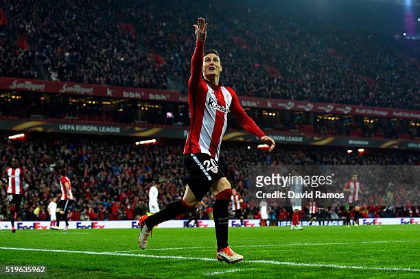 Aritz Aduriz of Athletic Club Bilbao celebrates as he scores their first goal during the UEFA Europa League quarter final first leg match between...