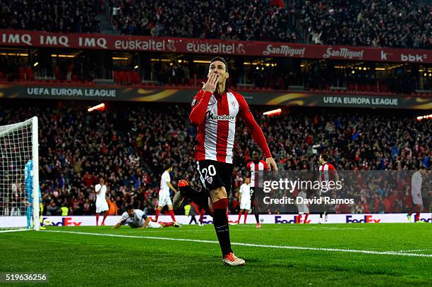 Aritz Aduriz of Athletic Club Bilbao celebrates as he scores their first goal during the UEFA Europa League quarter final first leg match between...