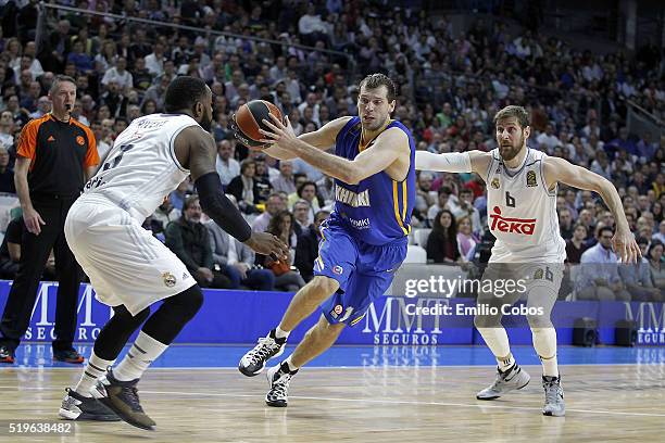 Sergey Monia, #12 of Khimki Moscow Region in action during the 2015-2016 Turkish Airlines Euroleague Basketball Top 16 Round 14 game between Real...