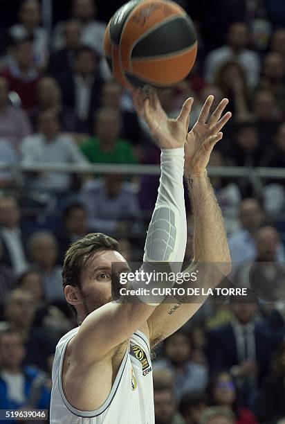 Real Madrid's guard Rudy Fernandez throws the ball during the Euroleague group F top 16 round 14 basketball match Real Madrid vs Khimki Moscow at the...