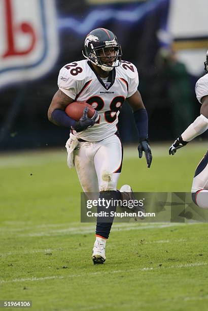 Safety Kenoy Kennedy of the Denver Broncos carries the ball during the game against the San Diego Chargers on December 5, 2004 at Qualcomm Stadium in...