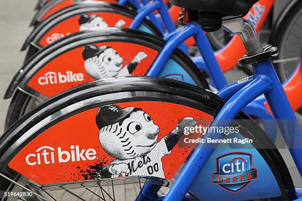 Mets outfielder Curtis Granderson helped Citi launch the Citi Perks Sweepstakes in midtown today, with 350 bikes from Citi Bike with Mets-themed...