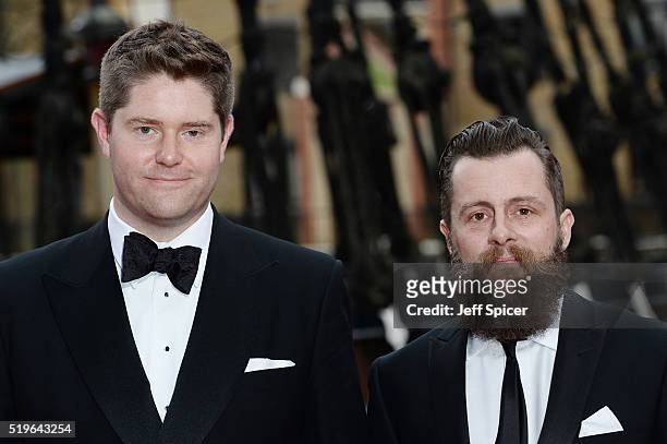 John Napier and Jamie Jackson arrive for The British Academy Games Awards 2016 at Tobacco Dock on April 7, 2016 in London, England.