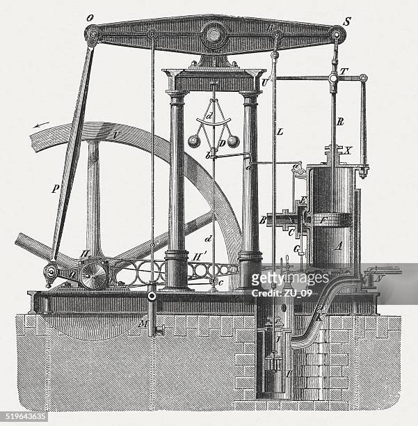 steam engine by james watt, published in 1877 - james watt stock illustrations