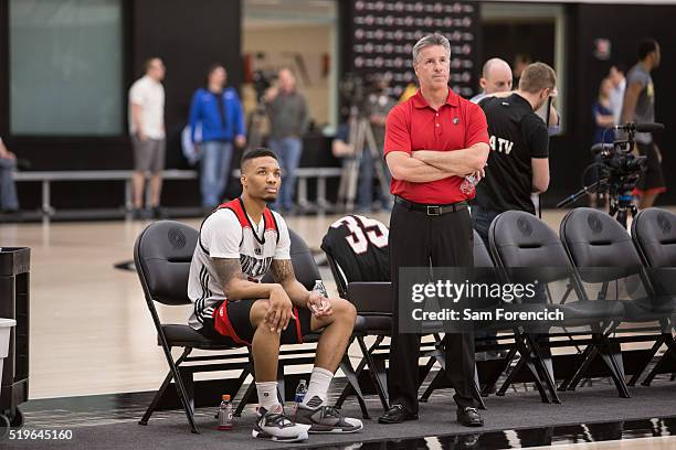 Portland Trail Blazers general manager Neil Olshey and Damian Lillard of the Portland Trail Blazers participate in practice March 30, 2016 at the...