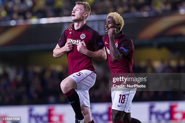 Jakub Brabec of AC Sparta Prague celebrates with 18 Tiemoko Konate of AC Sparta Prague during UEFA Europa League quarterfinals first leg match...