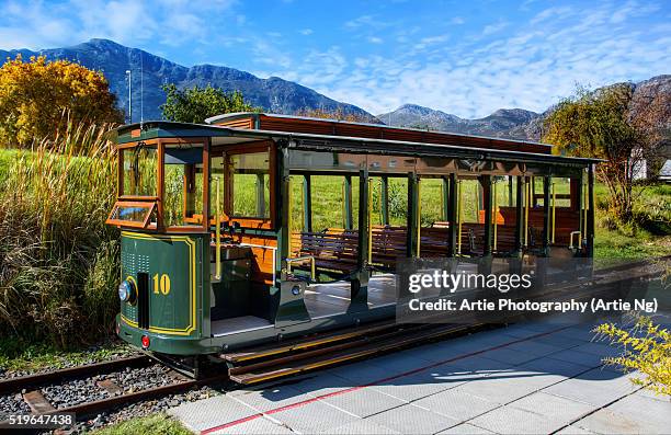 the wine tram, franschhoek, western cape, south africa - stellenbosch wine stock pictures, royalty-free photos & images