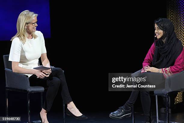 Journalist Katty Kay and artist Sonita Alizadeh speak onstage at Daughters For Sale during Tina Brown's 7th Annual Women In The World Summit at David...