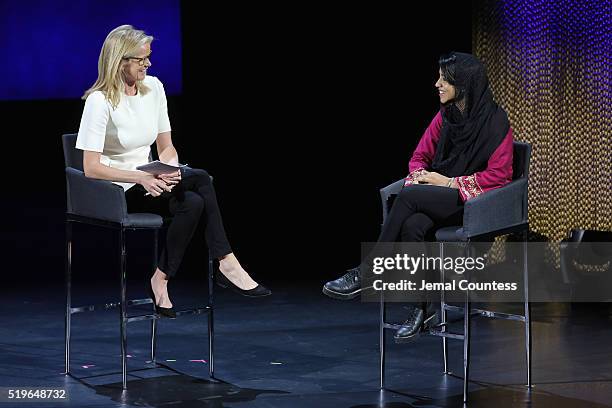 Journalist Katty Kay and artist Sonita Alizadeh speak onstage at Daughters For Sale during Tina Brown's 7th Annual Women In The World Summit at David...