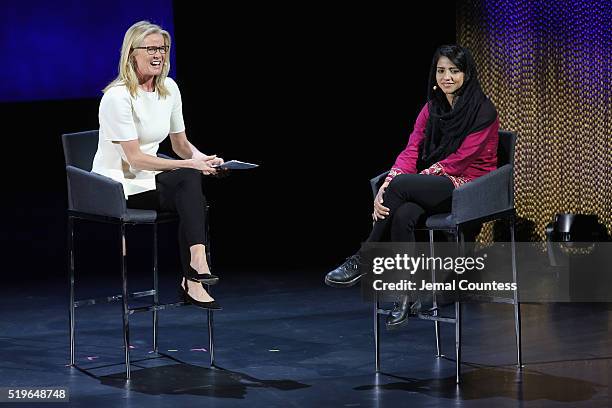 Journalist Katty Kay and artist Sonita Alizadeh speak onstage at Daughters For Sale during Tina Brown's 7th Annual Women In The World Summit at David...