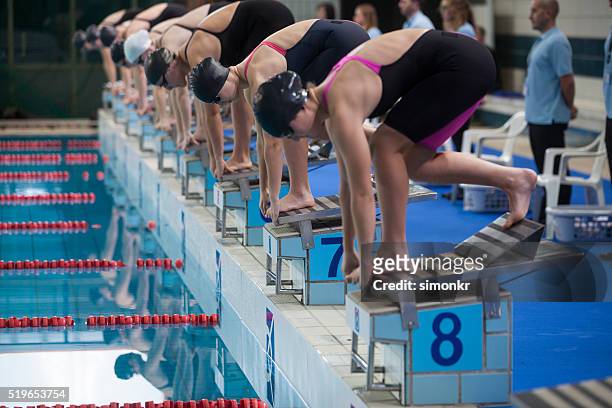 weibliche schwimmer am swimmingpool - schwimmwettkampf stock-fotos und bilder