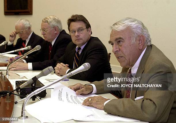 Rep. Ben Gilman , R-NY, Chairman of the House International Relations Committee speaks to reporters 14 June, 2000 during a press conference on...