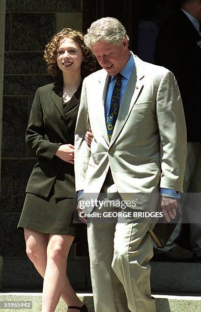 President Bill Clinton leaves Foundry United Methodist Church with his daughter, Chelsea, on Father's Day 18, June 2000 in Washington, DC. Clinton...
