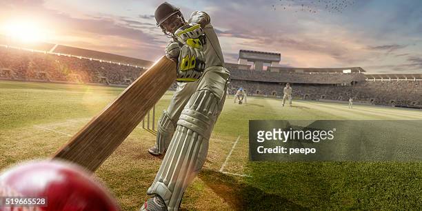 cricket batsman hitting ball during cricket match in stadium - cricket stock pictures, royalty-free photos & images