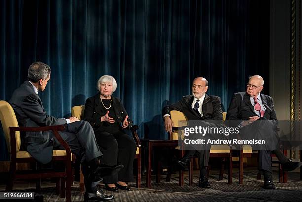 Current Federal Reserve Chair Janet Yellen speaks during a conversation and former Federal Reserve Chairs Ben Bernanke, Paul A. Volcker April 7, 2016...