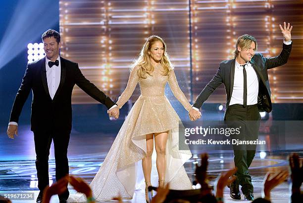 Recording artists Harry Connick, Jr., Jennifer Lopez and Keith Urban enter onstage during FOX's "American Idol" Finale For The Farewell Season at...