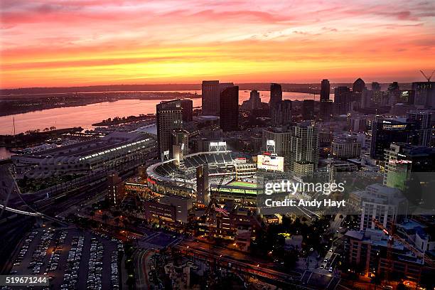 Aerials of the home of the San Diego Padres during a game against the Los Angeles Dodgers at Petco Park on April 5, 2016 in San Diego, California.