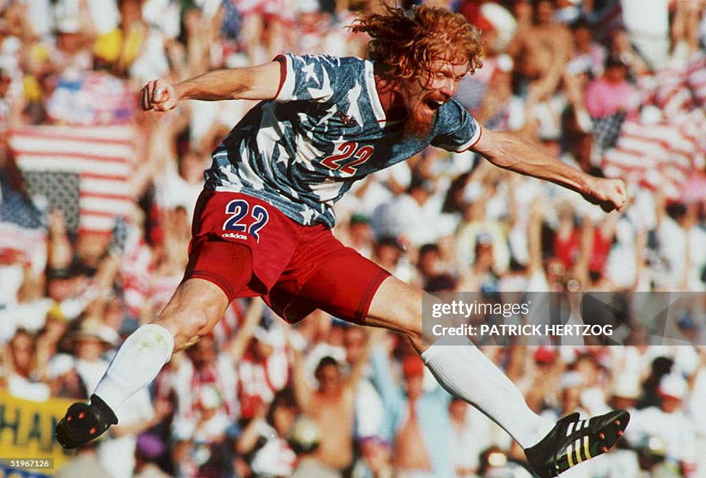 US national team defender Alexi Lalas jumps in the