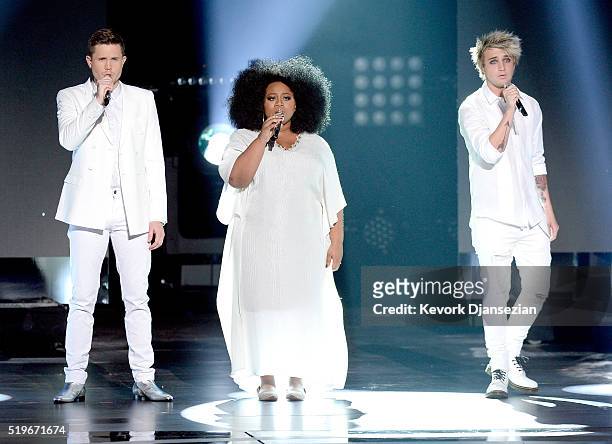Singers Trent Harmon, La'Porsha Renae and Dalton Rapattoni perform onstage during FOX's "American Idol" Finale For The Farewell Season at Dolby...