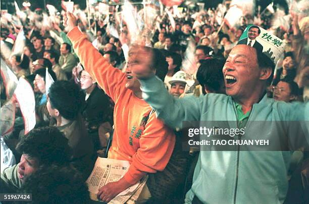 Opposition Democratic Progressive Party supporters cheer outside Chen Shui-bian's campaign headquarters after he won the Taipei mayoral race 03...