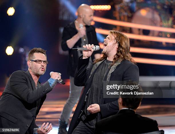 Recording artists Bo Bice and Caleb Johnson perform onstage during FOX's "American Idol" Finale For The Farewell Season at Dolby Theatre on April 7,...