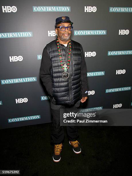Dirctor Spike Lee poses at the NYC Special Screening of HBO Film "Confirmation" Signature Theater on April 7, 2016 in New York City.