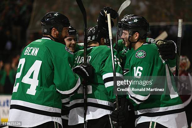 Jason Dickinson of the Dallas Stars celebrates his first career NHL goal on his first NHL career shot against the Colorado Avalanche in the first...