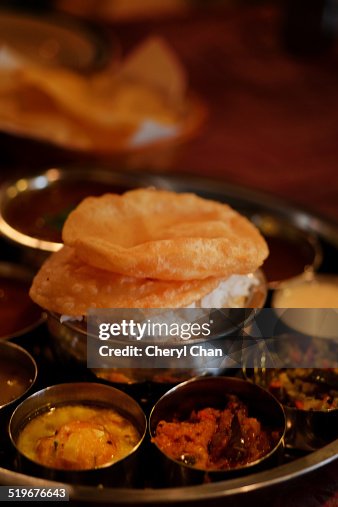 Set Rice Curry Indian Rice Set With Assorted Curry And Puri High-Res Stock Photo ...