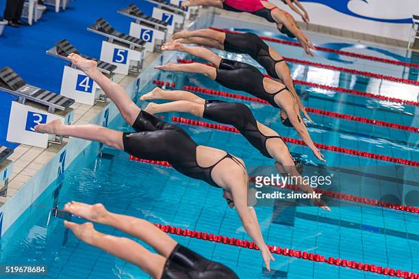 mujer salto nadador - torneo de natación fotografías e imágenes de stock