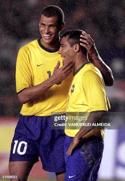 Brazilian select player Rivaldo celebrates Romario's third goal aginst Bolivia 03 September 2000 during Japan-Korea 2002 World Cup qualification game...