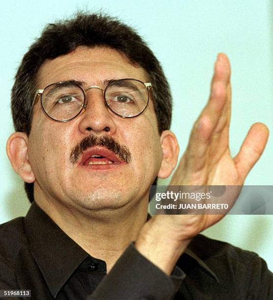 The third party commander of the National Liberation Army of Colombia, Antonio Garcia, responds to questions in a press conference in Caracas,...