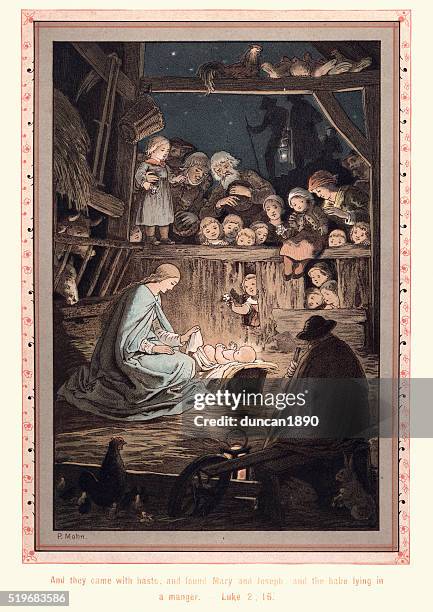 mary and joseph and the babe lying in a manger - holy family jesus mary and joseph stock illustrations