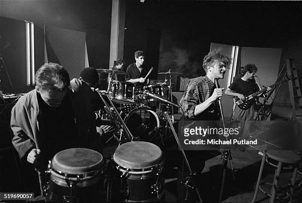 Mick Hucknall performing with Simply Red at a video shoot in London, September 1985.