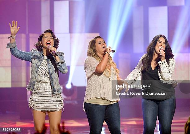 Singers Diana DeGarmo, Skylar Laine and Kree Harrison perform onstage during FOX's "American Idol" Finale For The Farewell Season at Dolby Theatre on...