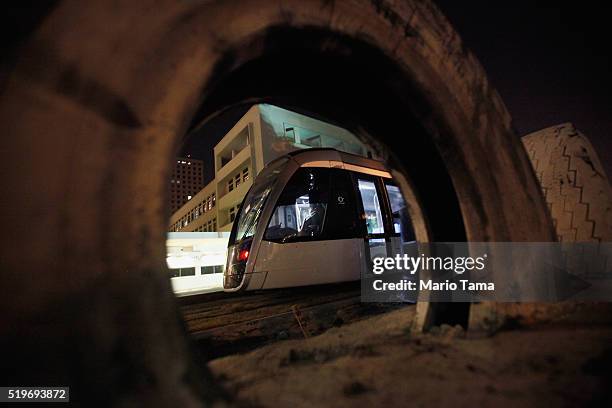 New VLT sits on tracks during the testing phase ahead of the upcoming Rio 2016 Olympic Games on April 7, 2016 in Rio de Janeiro, Brazil. An intial...