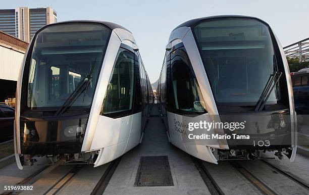 New VLT trains sit on tracks during the testing phase ahead of the upcoming Rio 2016 Olympic Games on April 7, 2016 in Rio de Janeiro, Brazil. An...