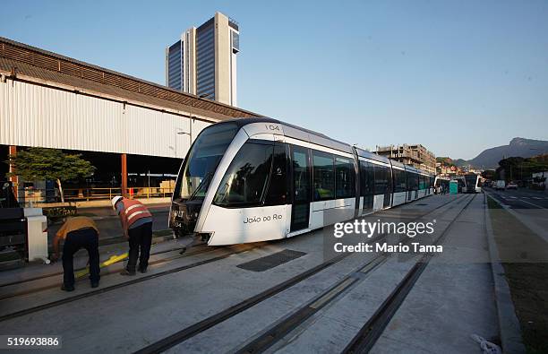 New VLT sits on tracks during the testing phase ahead of the upcoming Rio 2016 Olympic Games on April 7, 2016 in Rio de Janeiro, Brazil. An initial...