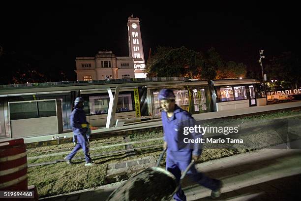 New VLT sits on tracks as work continues during the testing phase ahead of the upcoming Rio 2016 Olympic Games on April 7, 2016 in Rio de Janeiro,...