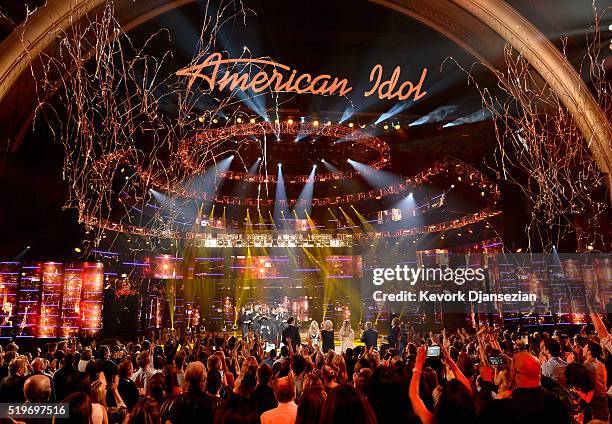 American Idol Season 15 winner Trent Harmon performs coronation song with cast of Season 15 onstage during FOX's "American Idol" Finale For The...