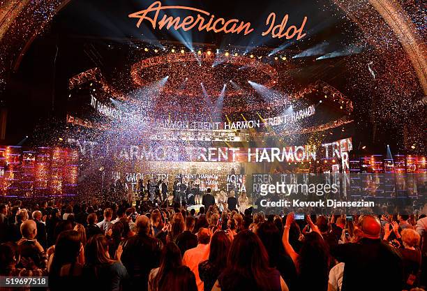 American Idol Season 15 winner Trent Harmon performs coronation song with cast of Season 15 onstage during FOX's "American Idol" Finale For The...