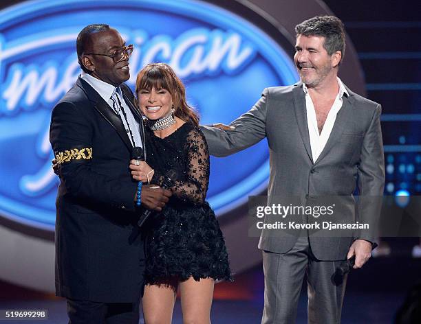 Season 1 judges Randy Jackson, Paula Abdul and Simon Cowell speak onstage during FOX's "American Idol" Finale For The Farewell Season at Dolby...