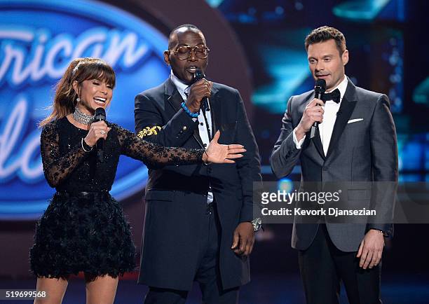 Season 1 judges Paula Abdul and Randy Jackson and host Ryan Seacrest speak onstage during FOX's "American Idol" Finale For The Farewell Season at...