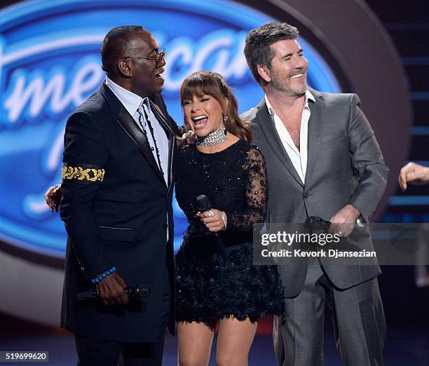 Season 1 judges Randy Jackson, Paula Abdul and Simon Cowell speak onstage during FOX's "American Idol" Finale For The Farewell Season at Dolby...