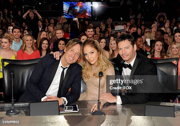 Judges Keith Urban, Jennifer Lopez and Harry Connick Jr. Onstage at FOX's American Idol Season 15 Finale on April 7, 2016 at the Dolby Theatre in...