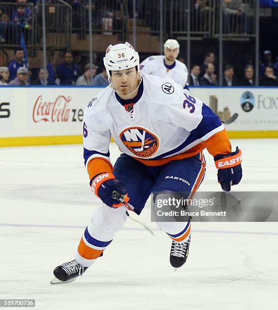 Eric Boulton of the New York Islanders skates against the New York Rangers at Madison Square Garden on April 7, 2016 in New York City. The Islanders...