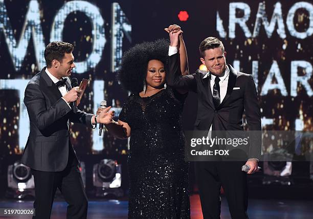 Judge Ryan Seacrest announces American Idol Season 15 winner Trent Harmon with runner-up La'Porsha Renae, onstage at FOX's American Idol Season 15...