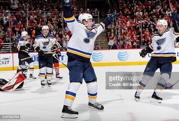 Vladimir Tarasenko and Paul Stastny of the St. Louis Blues react after Tarasenko tied the game in the third period of the NHL game against the...